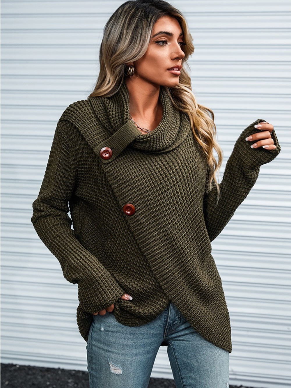 CUPSHE Charmaine Buttoned Turtleneck Wrap
Olive Green Sweater - M